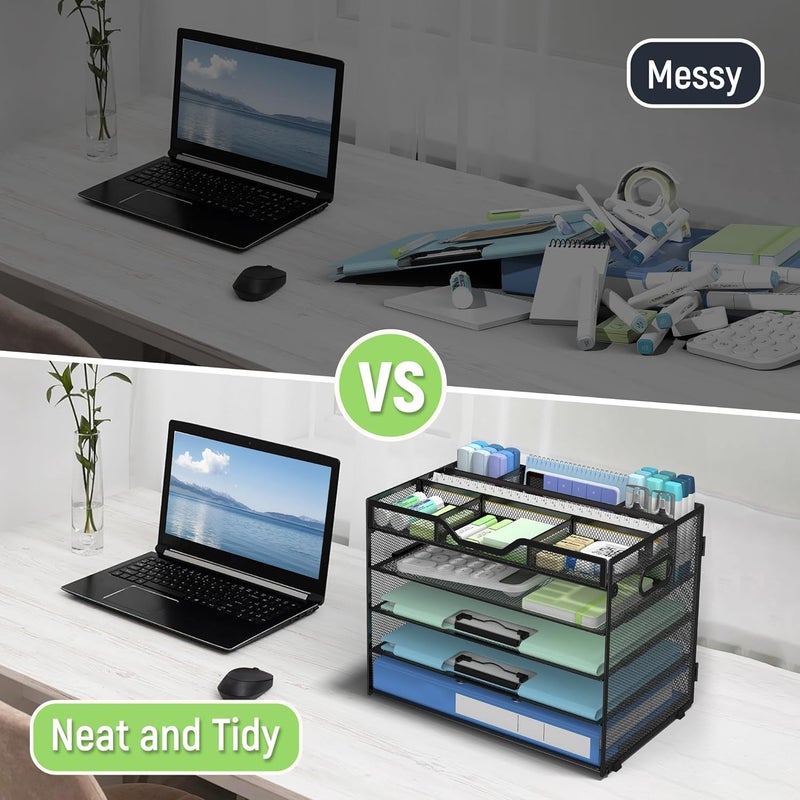 Docnest 5 Tier Mesh Desk Organizer- Letter Tray with Adjustable Compartments, Mesh Desktop Storage Built in Pen Holder and Handles, Desk Organizer Tray for Mail Documents Office Supplies-Black - Image 2